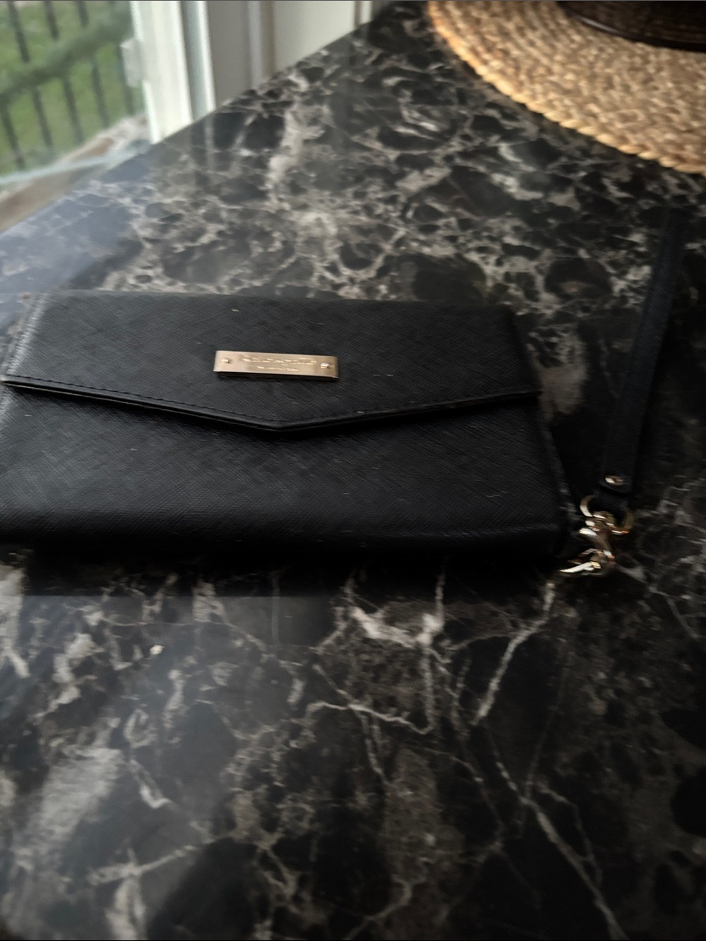 kate spade Black Saffiano Envelope Wristlet with Gold Plaque